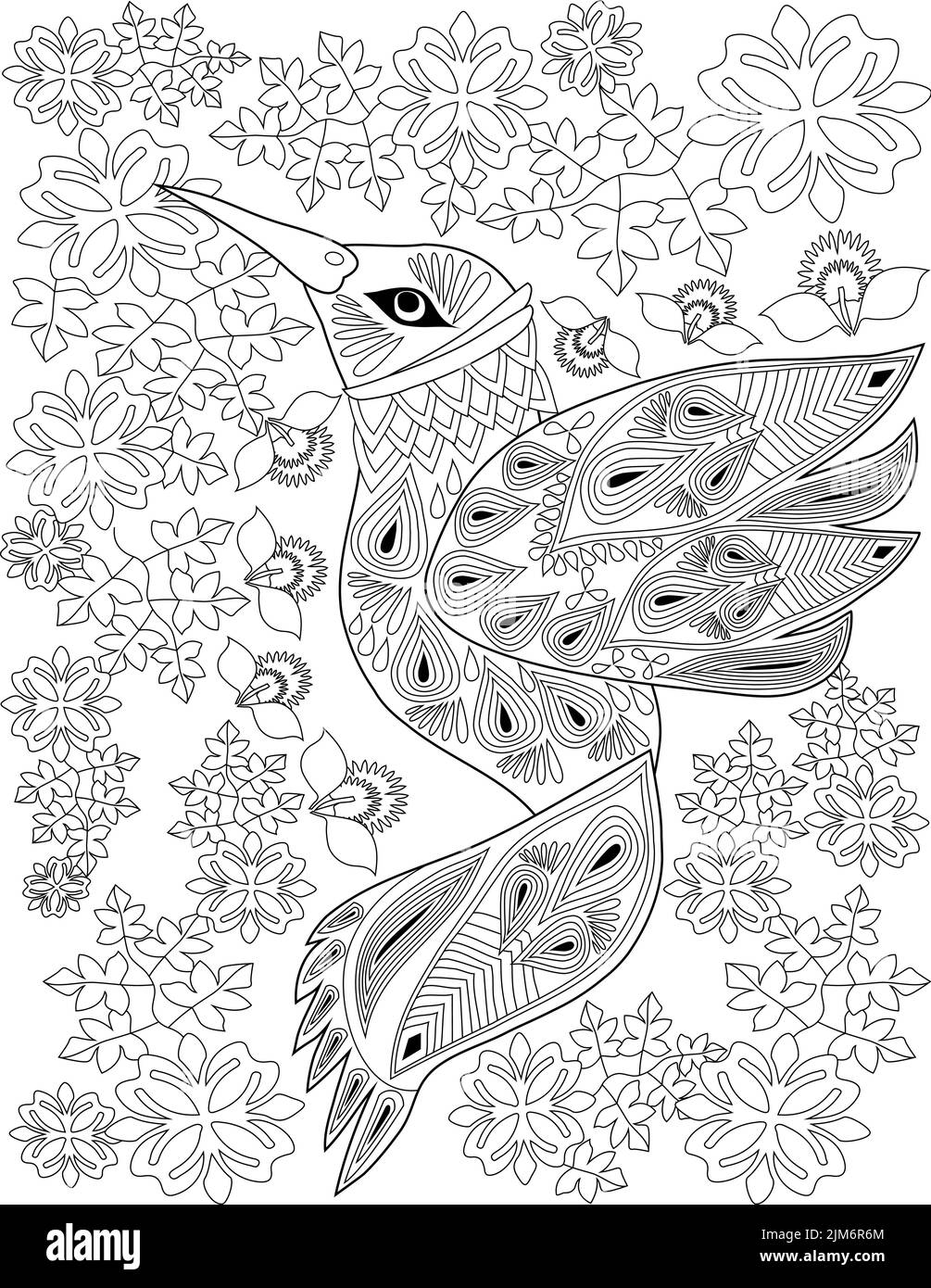 Coloring Book Page With Beautiful Bird With Different Flowers In Background. Sheet To Be Colored With Detailed Flying Creature With Various Plants In Stock Vector