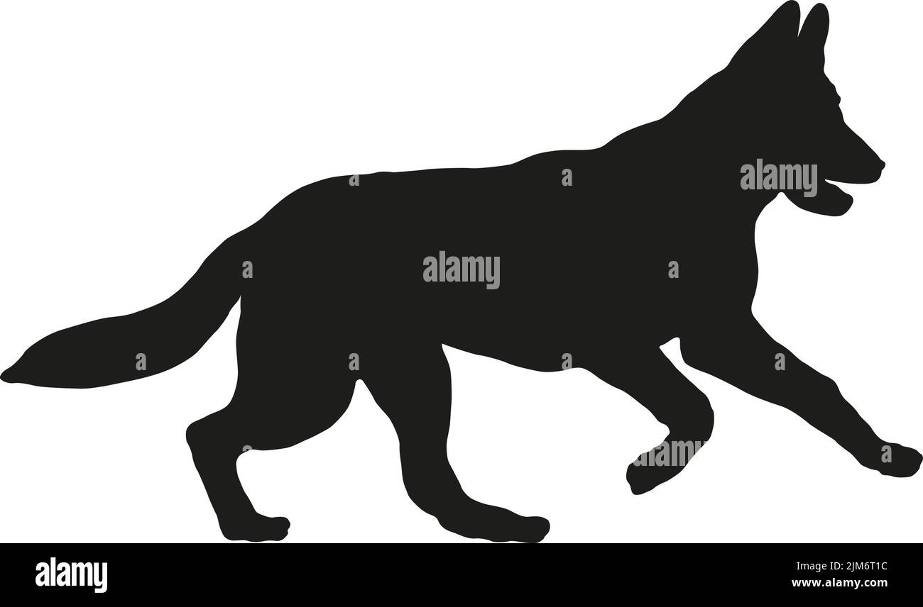 Black dog silhouette. Running and jumping east european shepherd puppy. Pet animals. Isolated on a white background. Vector illustration. Stock Vector