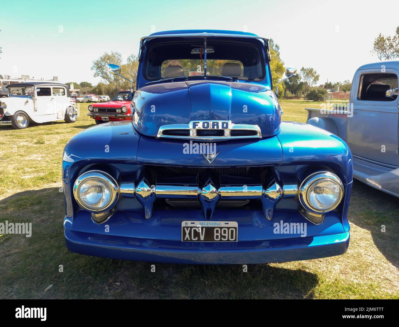 Old blue Ford F 1 V8 1950s utility pickup truck in the countryside. Front view. Grill. Nature grass and trees. Classic car show. Stock Photo