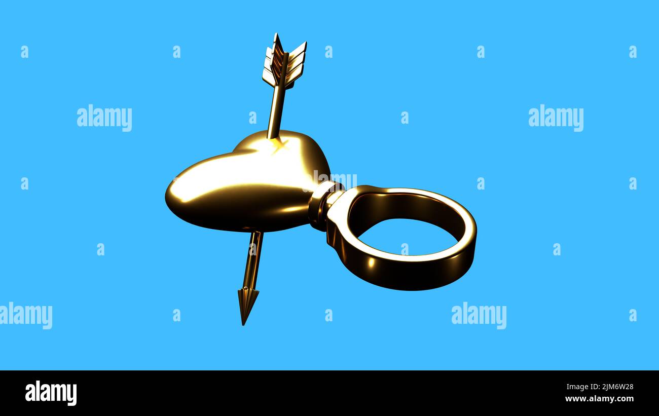 A brass ring with a heart pierced by an arrow on a blue background
