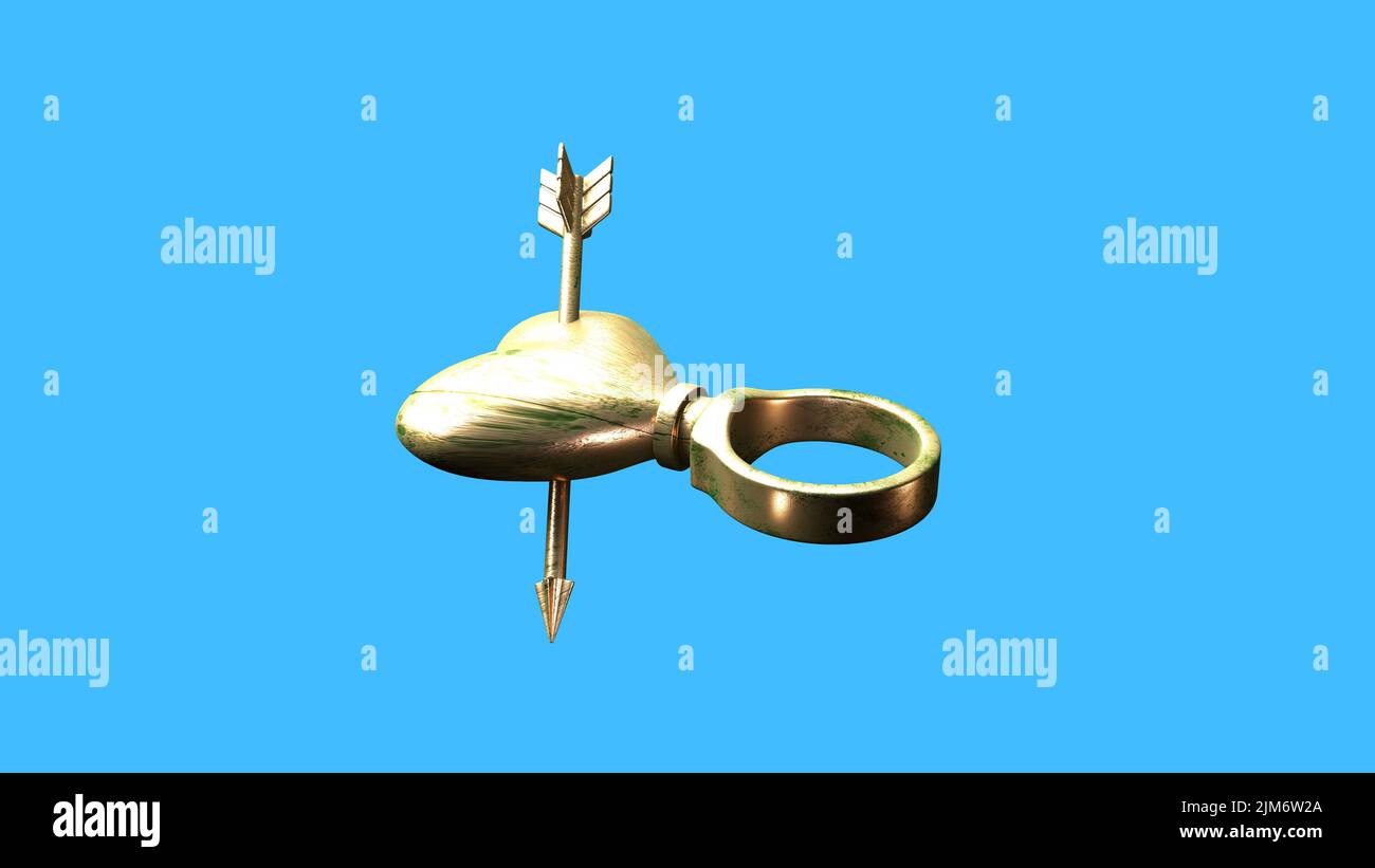 A brass ring with a heart pierced by an arrow on a blue background