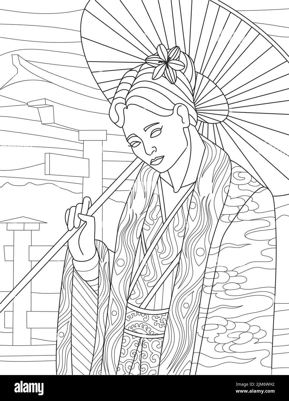 Coloring Page With Japanese Woman Dressed In Traditional Clothes Holding Umbrella. Sheet To Be Colored With Girl From Japan With Conventional Dressing Stock Vector