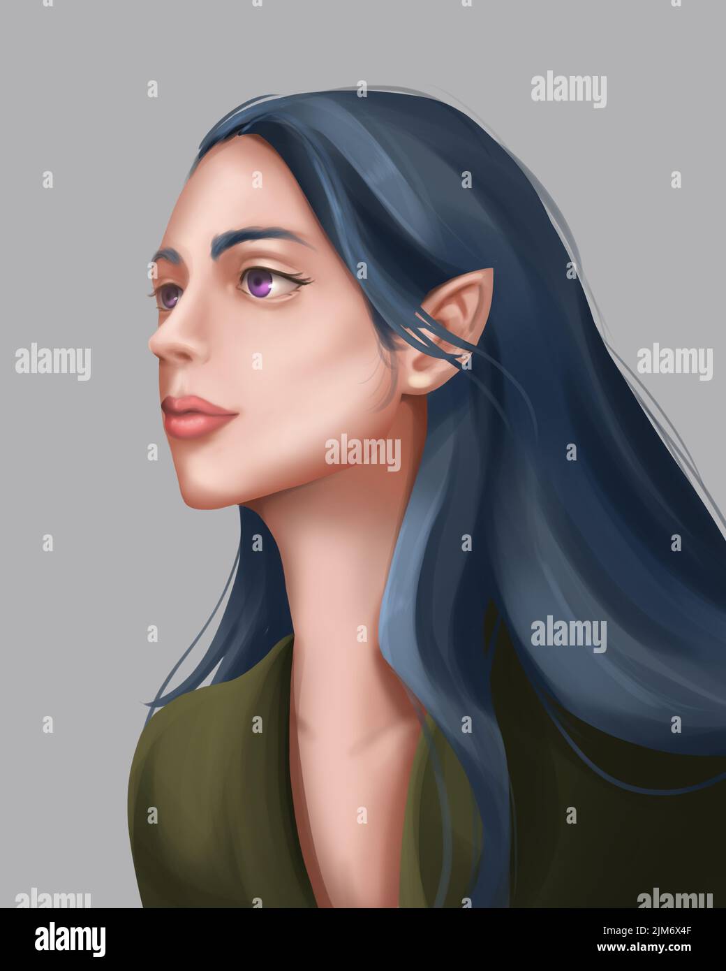 A Beautiful Girl Elf with Long Black Hair. Her Eyes are Purple. Concept ...