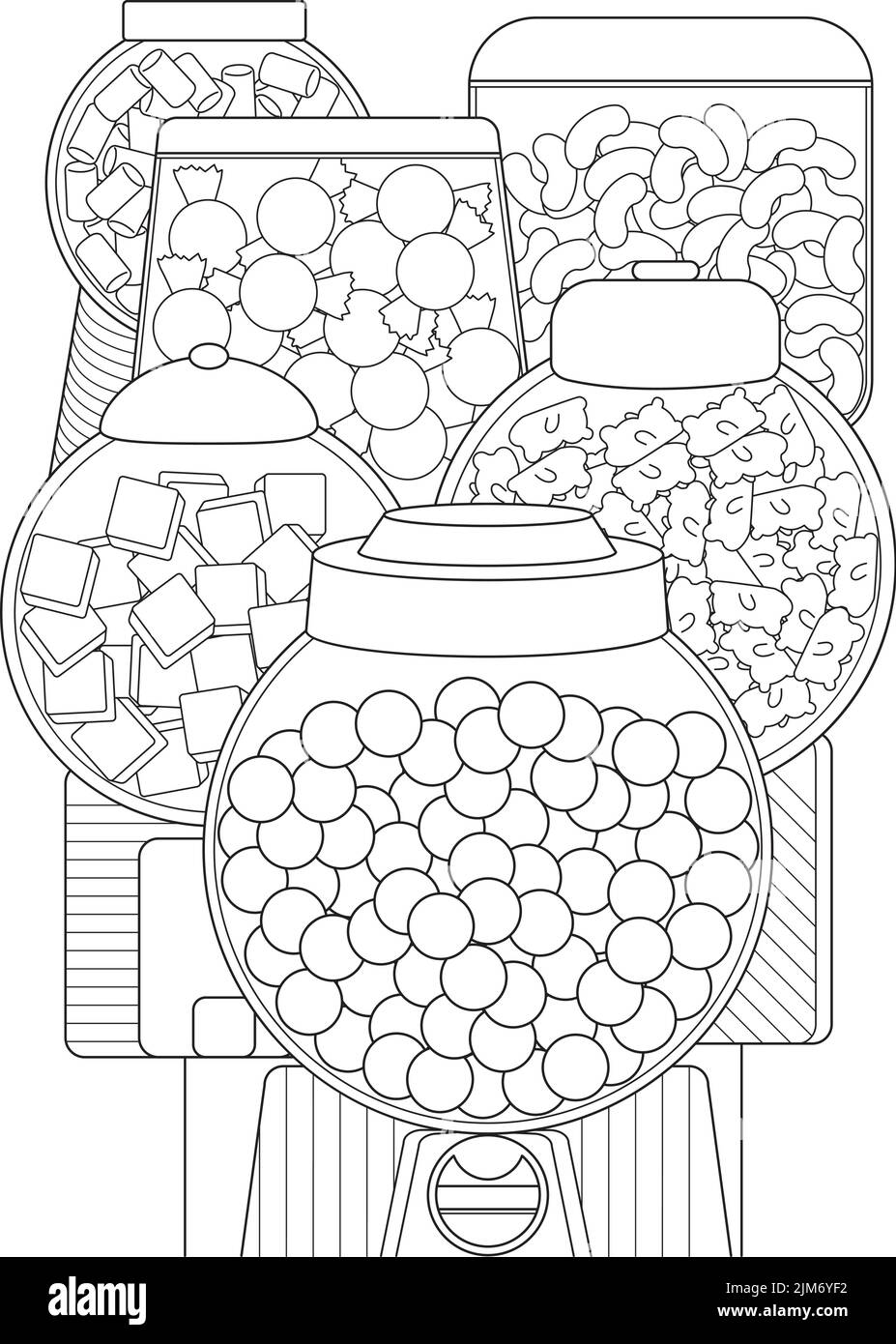Coloring Page With Variuos Candies In Different Jars In Vending Machine. Sheet To Be Colored With Sweets Dispenser. Deserts Automat Full With Mini Stock Vector