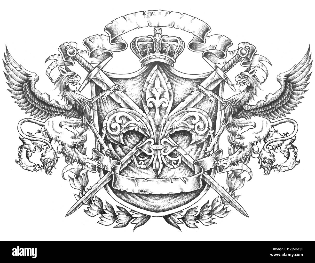 heraldic shield of griffins with swords Stock Photo
