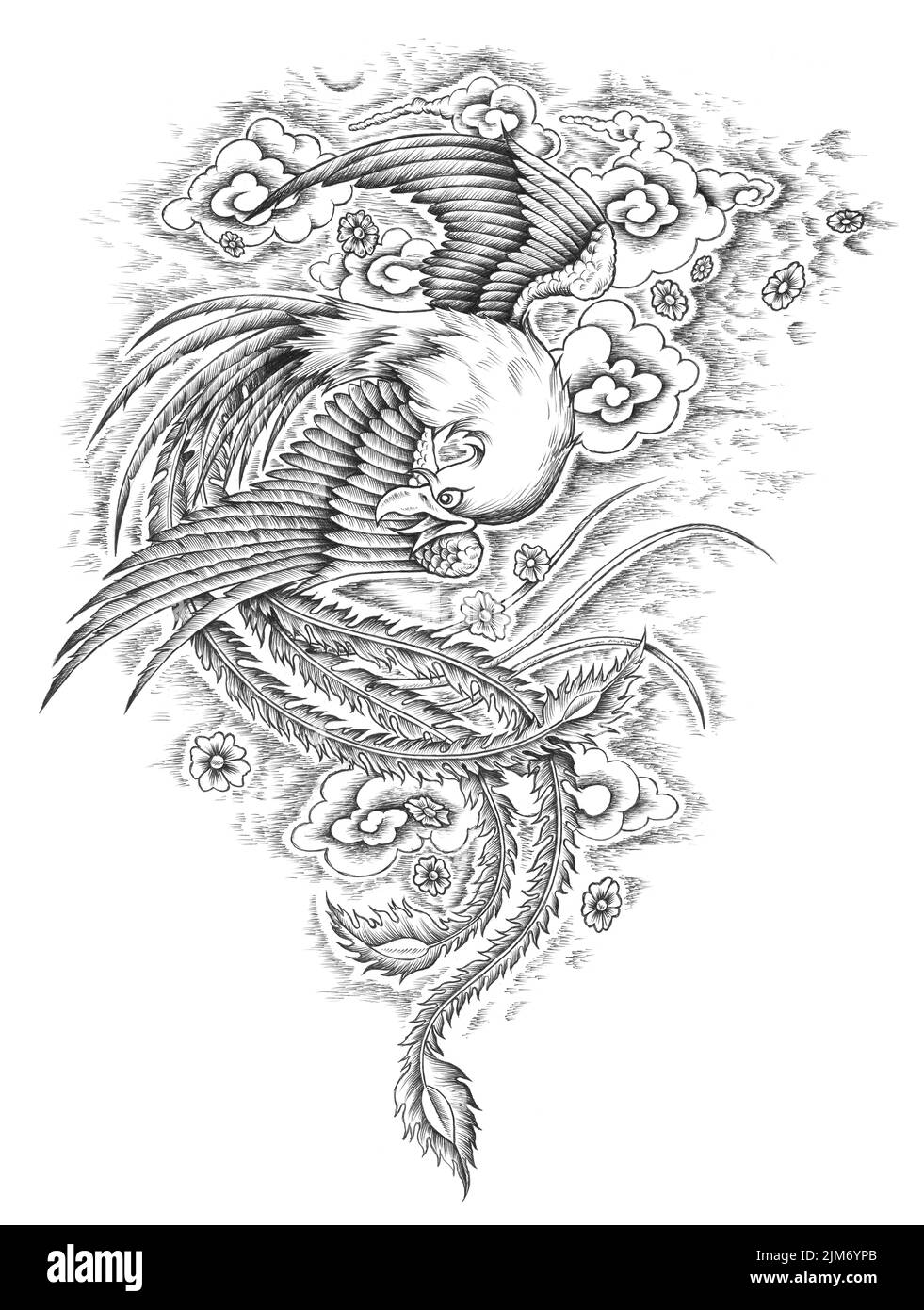 A digital black white tattoo illustration of an eagle with floral