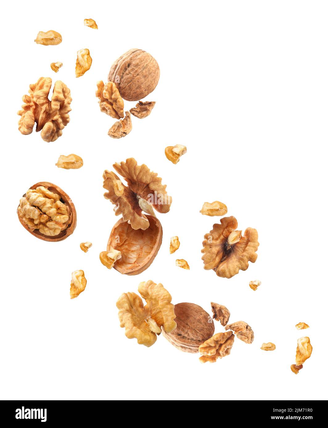 Flying walnuts isolated on white Stock Photo