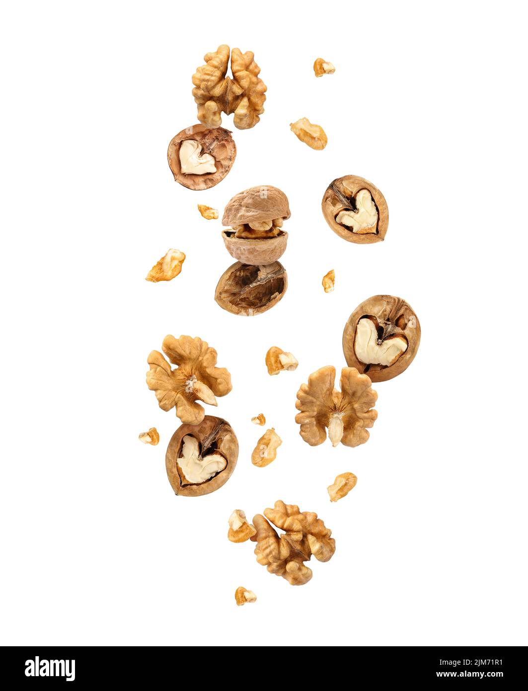 Flying walnuts isolated on white Stock Photo