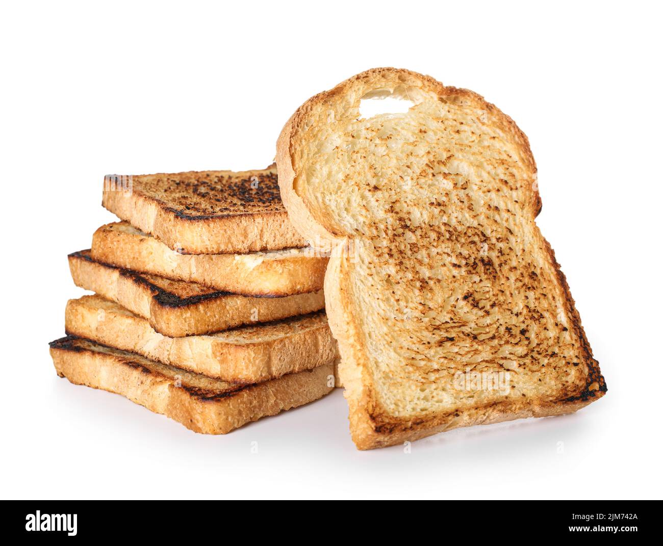 Stack of tasty toasts on white background Stock Photo