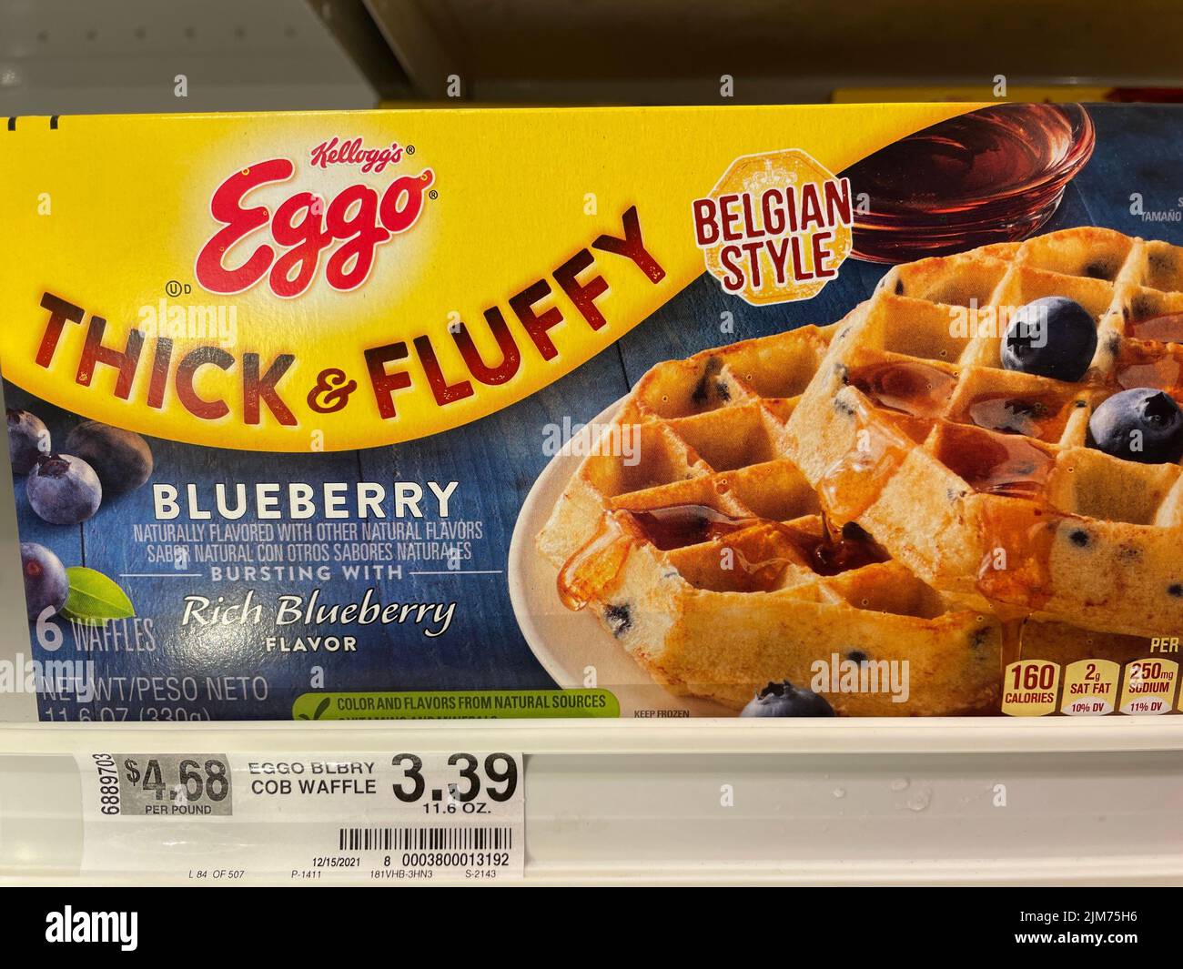 Grovetown, Ga USA - 04 29 22: Retail store frozen food Eggo thick and fluffy waffles Stock Photo