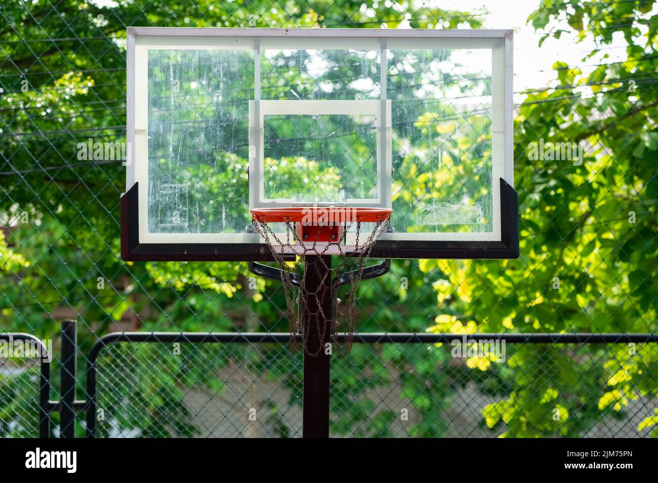 basketball backboard is translucent that the green trees in the background can be seen. Stock Photo