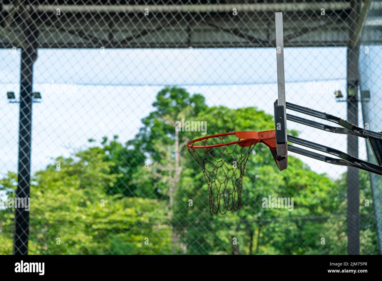 basketball backboard is translucent that the green trees in the background can be seen. Stock Photo