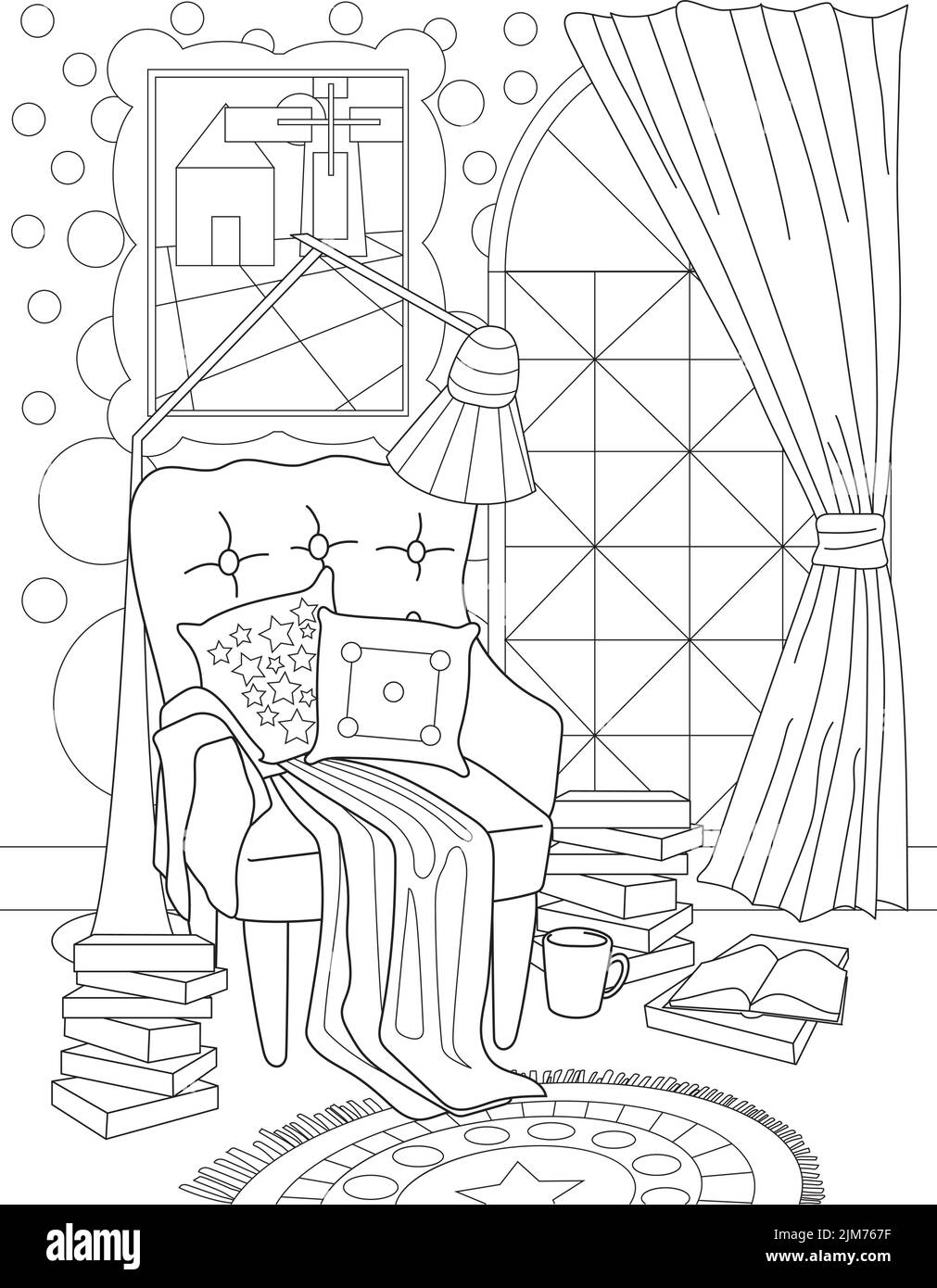 Coloring Page With Cozy Armchair With Pillows And Blanket On It. Sheet To Be Colored With Chair And Lamp Over, Books And Cup On Ground, Big Window And Stock Vector