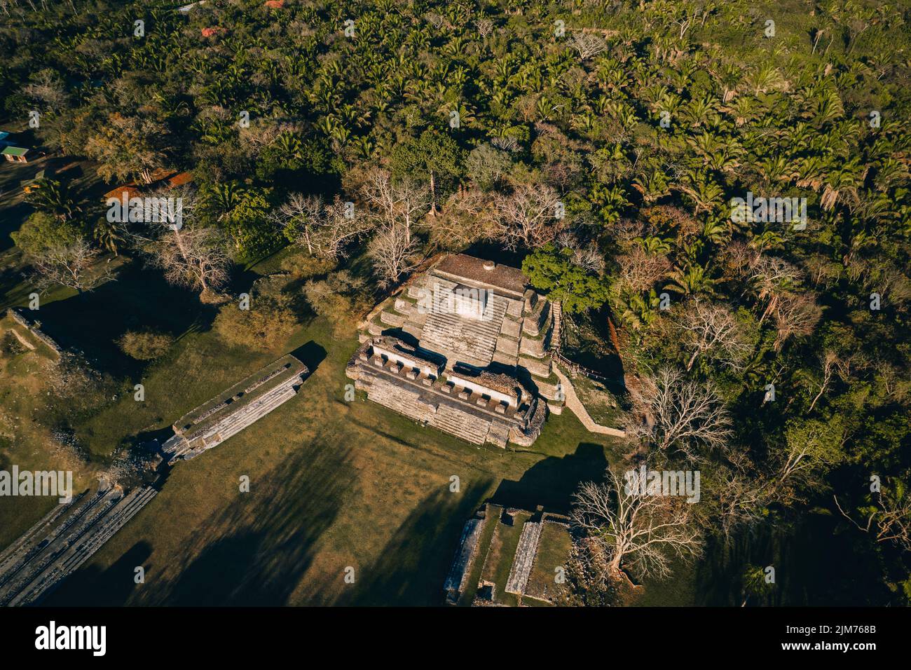 An Aerial Drone of Altun Ha Archaeological Site in BelizeCountry in Central America with forest trees Stock Photo