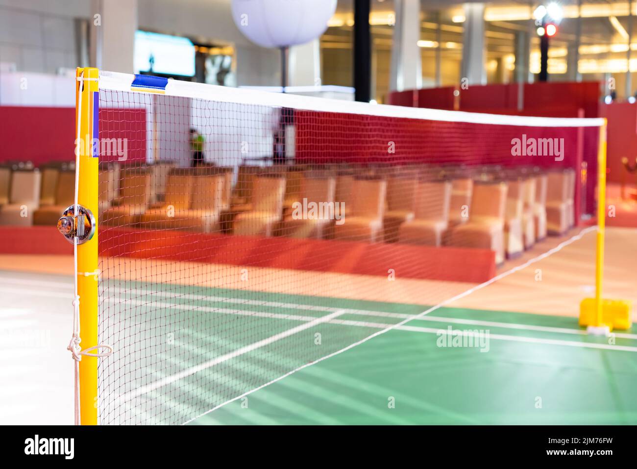 badminton net Close up shot of a used in court with blurred background