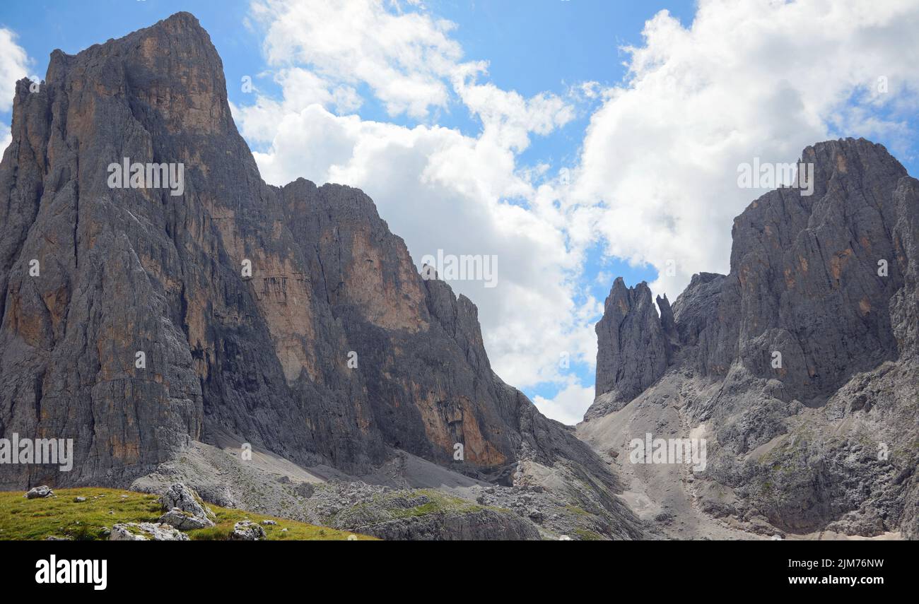Pala group in the Italian dolomites in summer without people Stock Photo