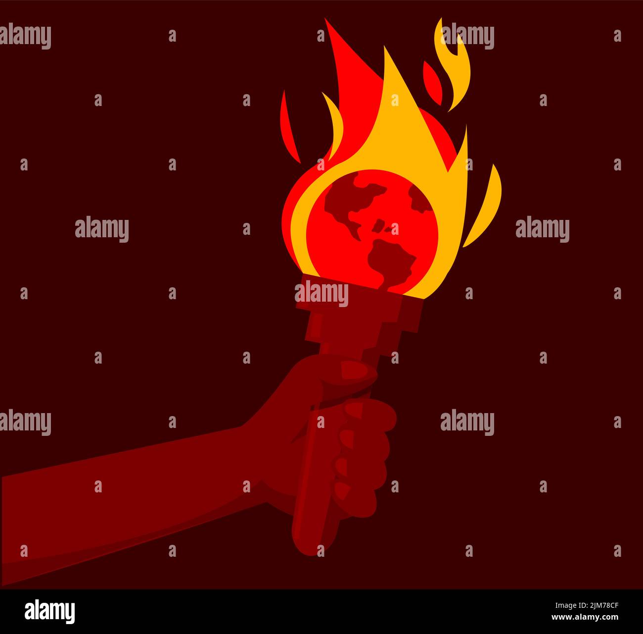 Earth burning in the flame of torch fire, illustration about global warming and excessive heat Stock Vector