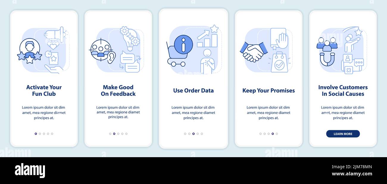 Customer engagement methods light blue onboarding mobile app screen ...