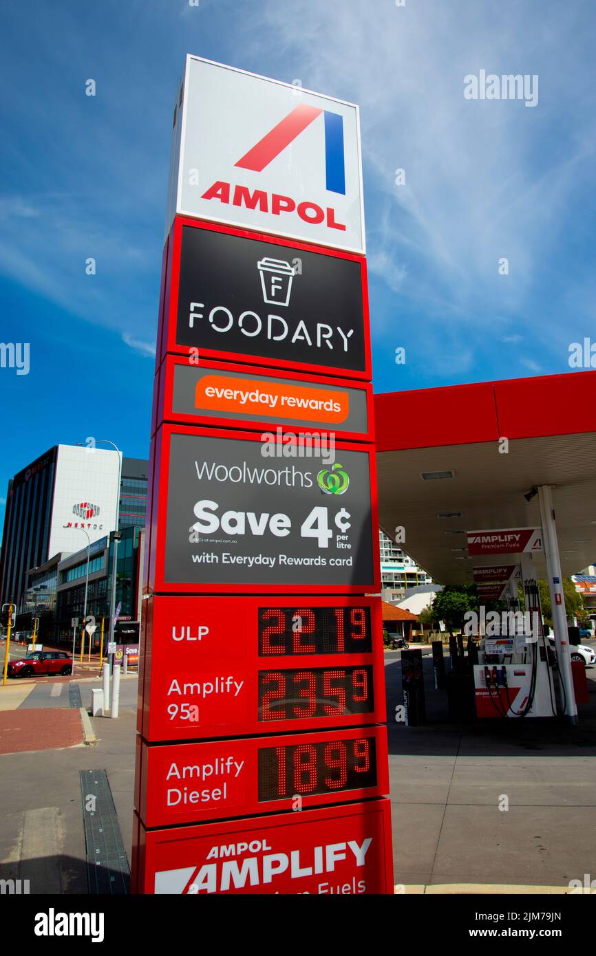 Perth, Australia - March 9, 2022: Record high fuel prices at Ampol gas station Stock Photo