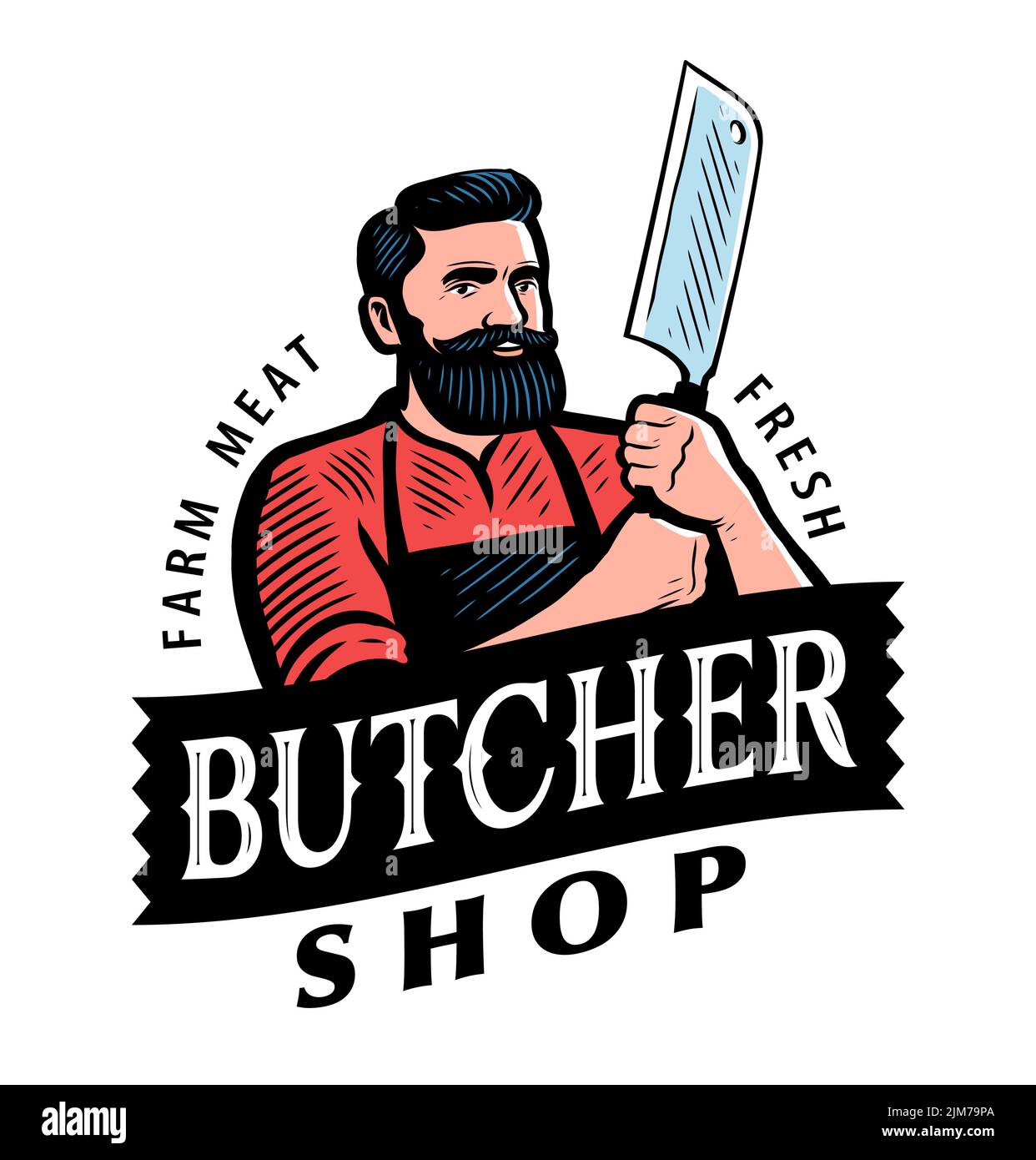 Butcher with Meat cleaver. Emblem or logo for butcher shop, steakhouse menu, grill restaurant. Vector illustration Stock Vector