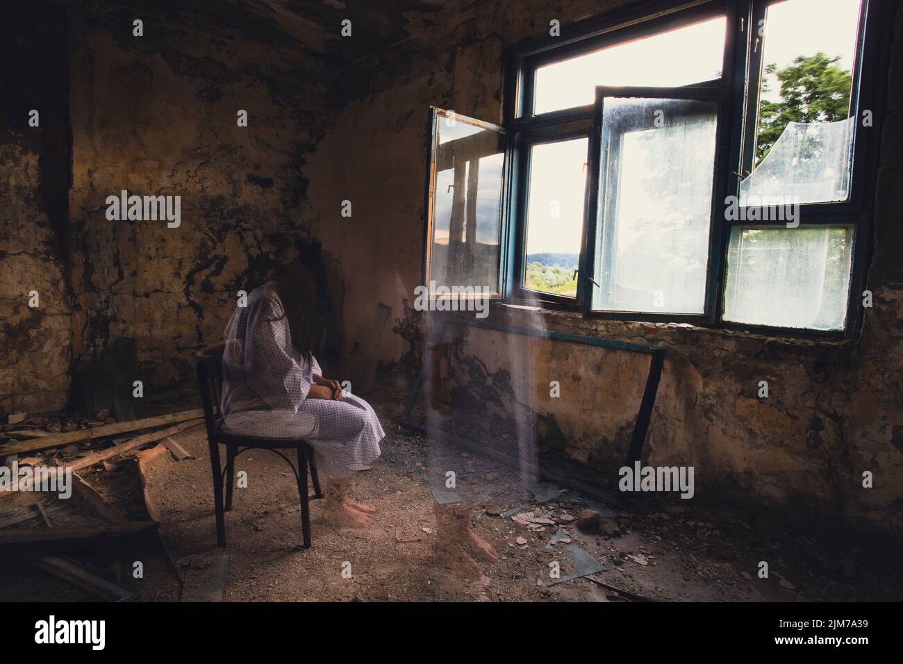 Ghost in abandoned, haunted house. Horror scene of scary spirit of a ...