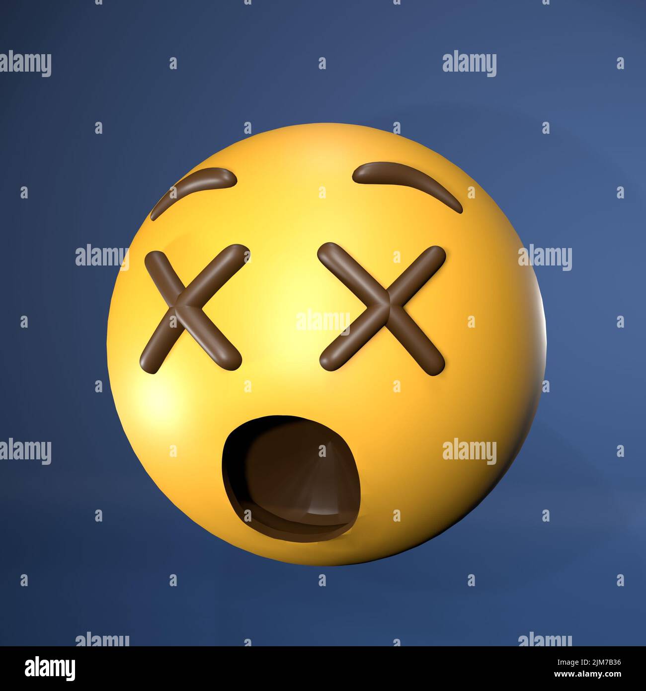 A 3D rendering of a yellow emoji with X's for eyes and a round, open