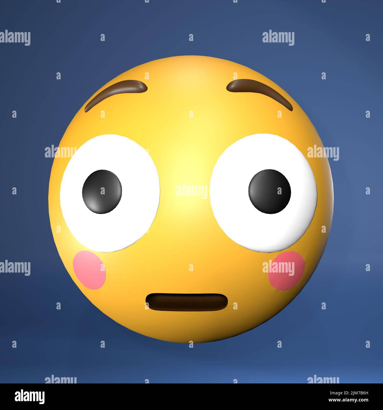 A 3D rendering of a yellow emoji with raised eyebrows, eyes staring ahead, and blushing cheeks Stock Photo