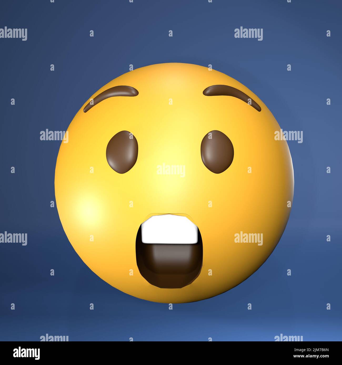 A vertical 3d rendering of a yellow emoji face isolated on blue background. Astonished Face. Stock Photo
