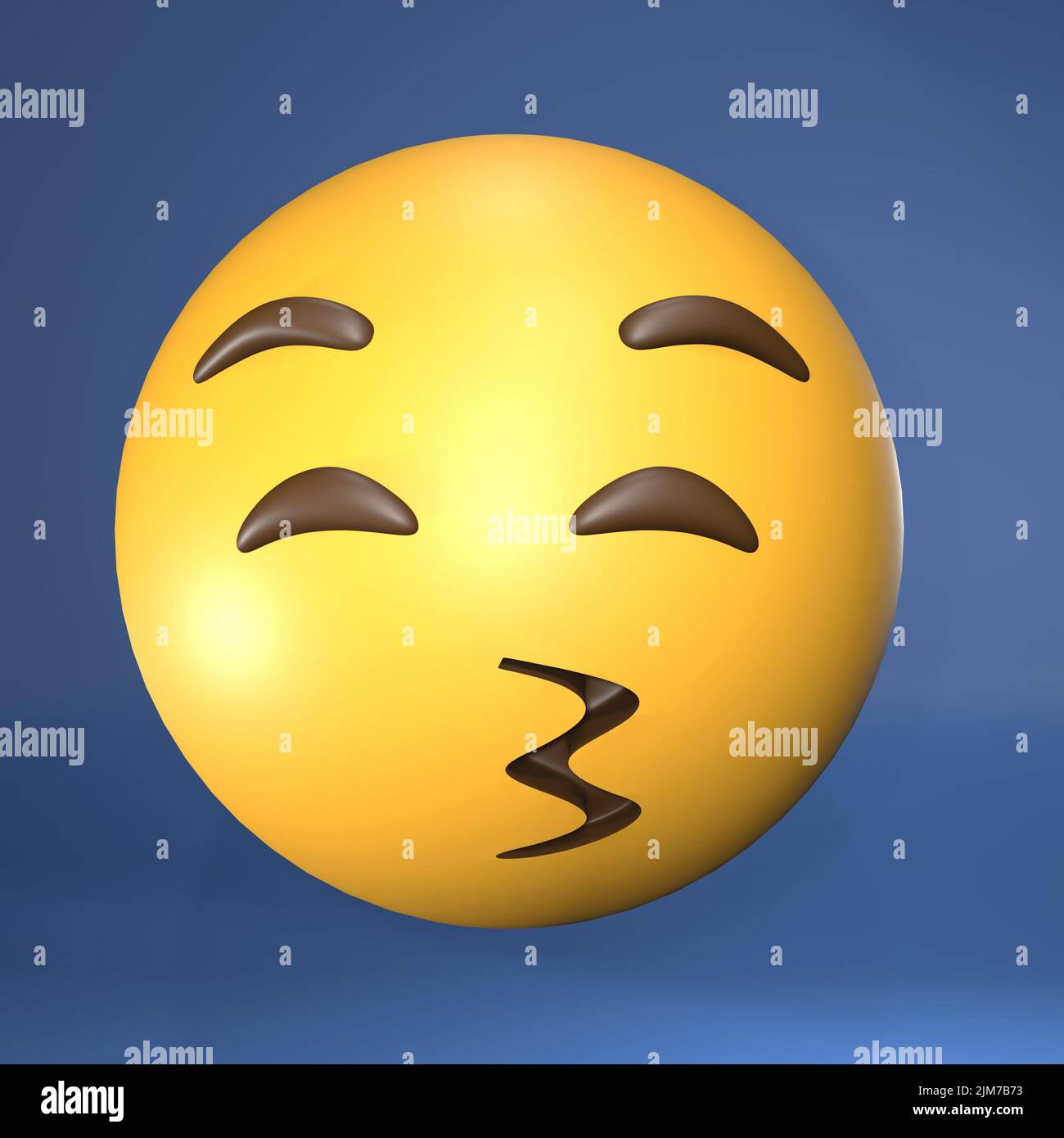 A 3D illustration of a yellow emoji with a kissing face with closed eyes on a blue background Stock Photo