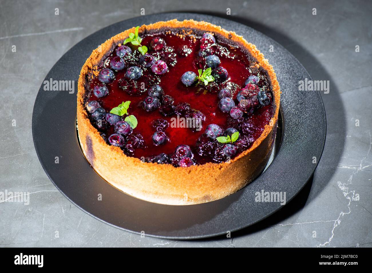 Homemade blueberry cheesecake with fresh blueberries, compote, and mint