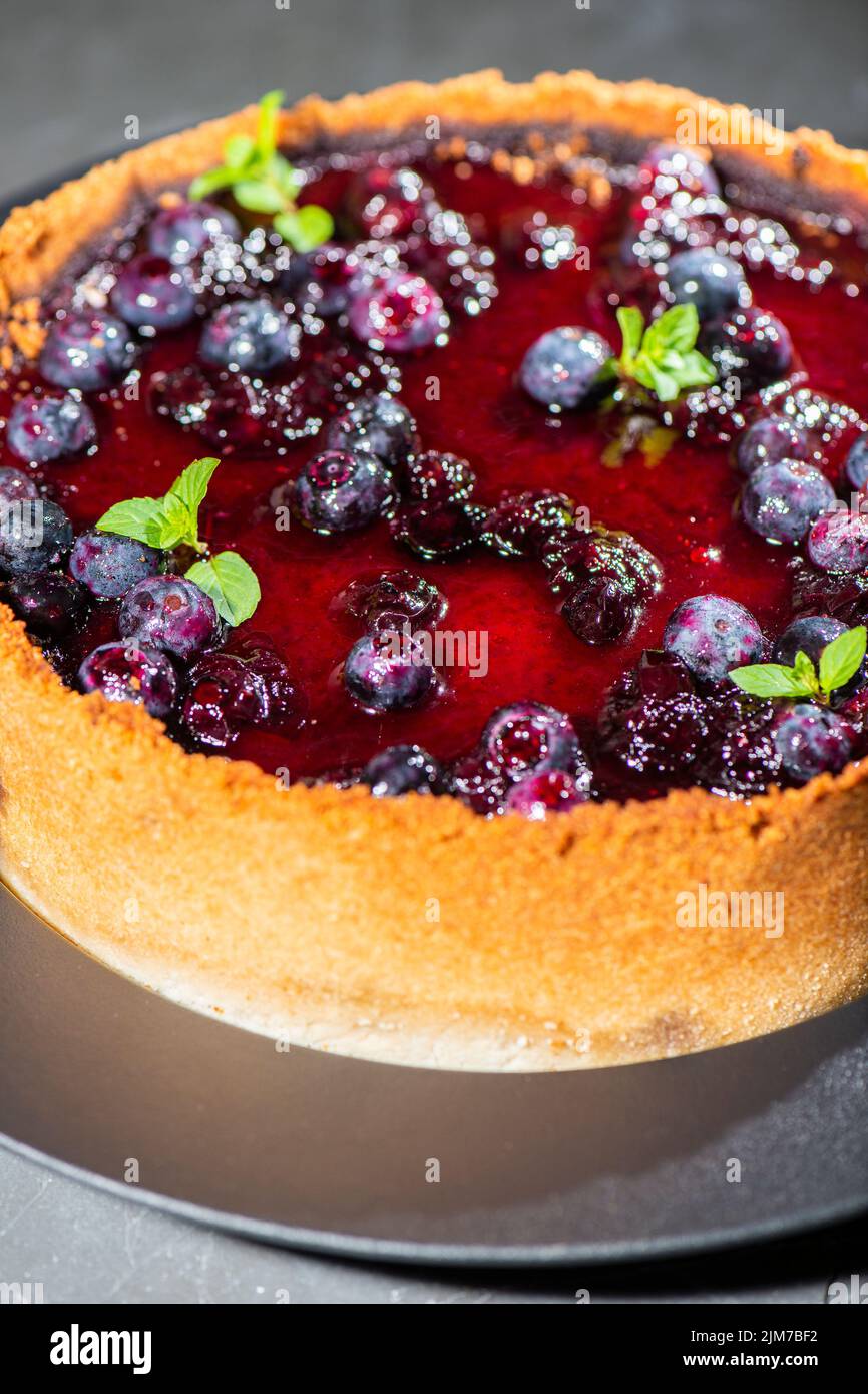 Homemade blueberry cheesecake with fresh blueberries, compote, and mint