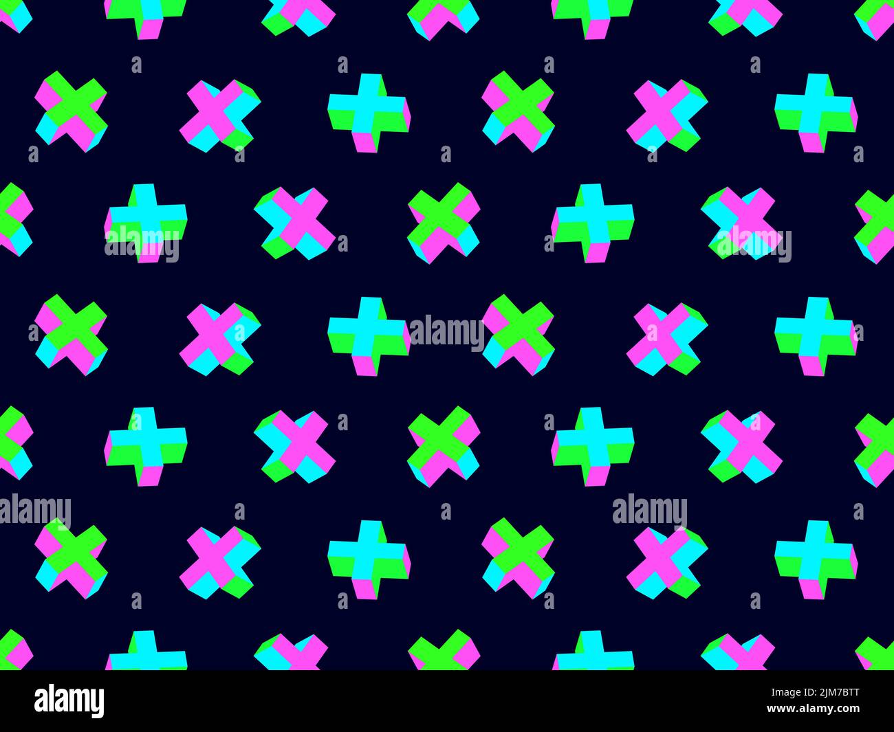 3D crosses seamless pattern. Isometric pluses of acid color. Cross shape. Acid trip. Design for posters, banners and promotional products. Vector illu Stock Vector