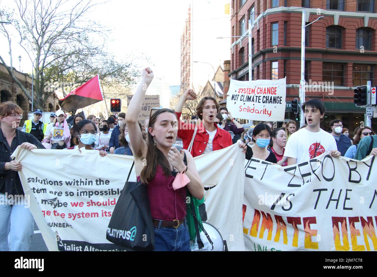 Sydney, Australia. 5th August 2022. University students and other activists across the country took part in a National Union of Students' Day of Action. They are protesting what they see as a woefully insufficient and lacklustre response to the climate crisis. Students demanded more action from the Albanese Labor Government. Protesters marched from the UTS Tower to the ALP (Labor Party) office. The list of protesters demands were….1. 100% public renewables by 2030; 2. Fund an immediate just transition for workers; 3. Land rights, not mining rights. First Nations sovereignty now!; 4. Scrap the Stock Photo