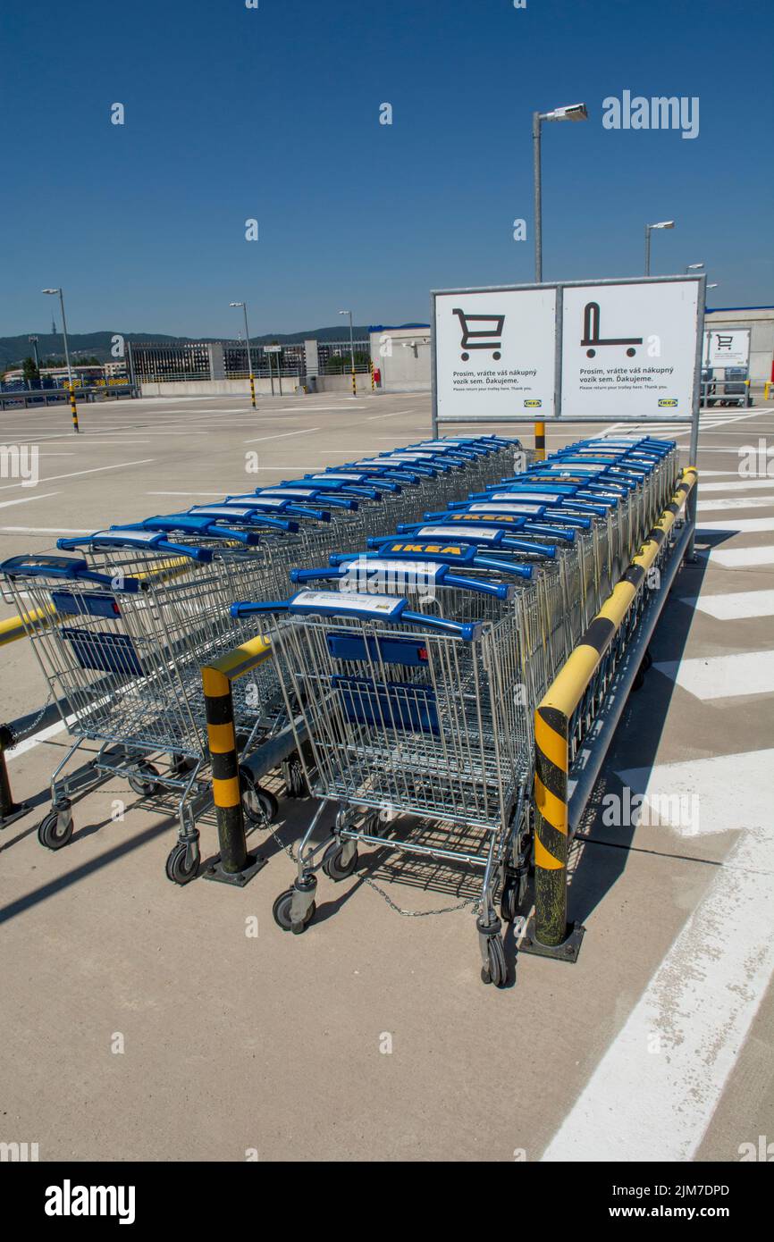 Bratislava, Slovakia August, 4, 2022 IKEA shopping trolleys or