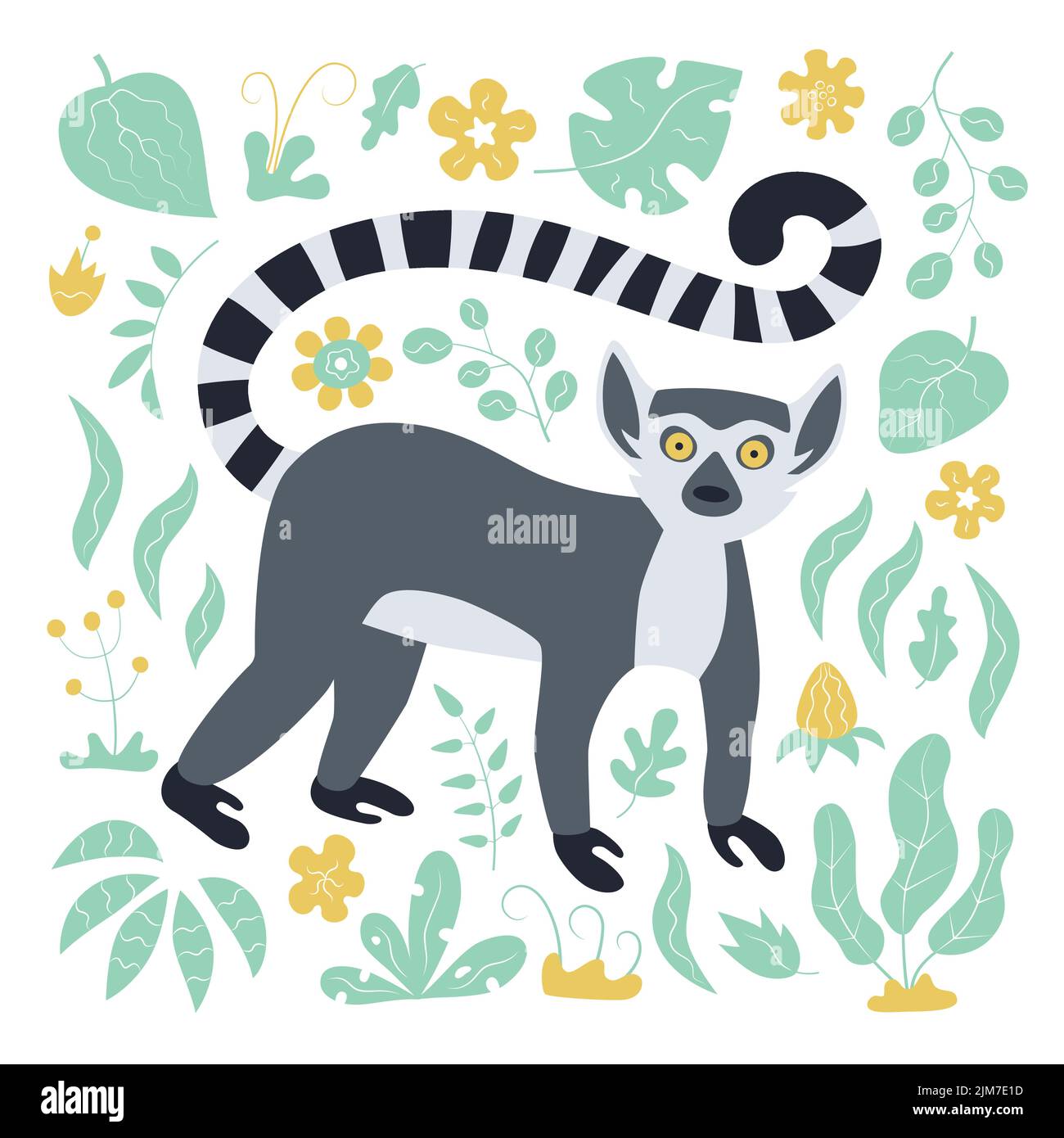 Cute funny ring-tailed lemur and tropical plant. Madagascar exotic Lemur catta. Vector illustration in flat and cartoon style Stock Vector