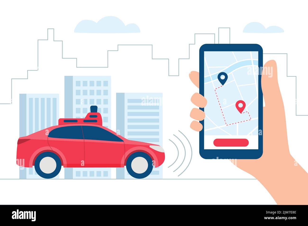 Driverless Car, autonomous vehicle, auto with autopilot Concept. Red