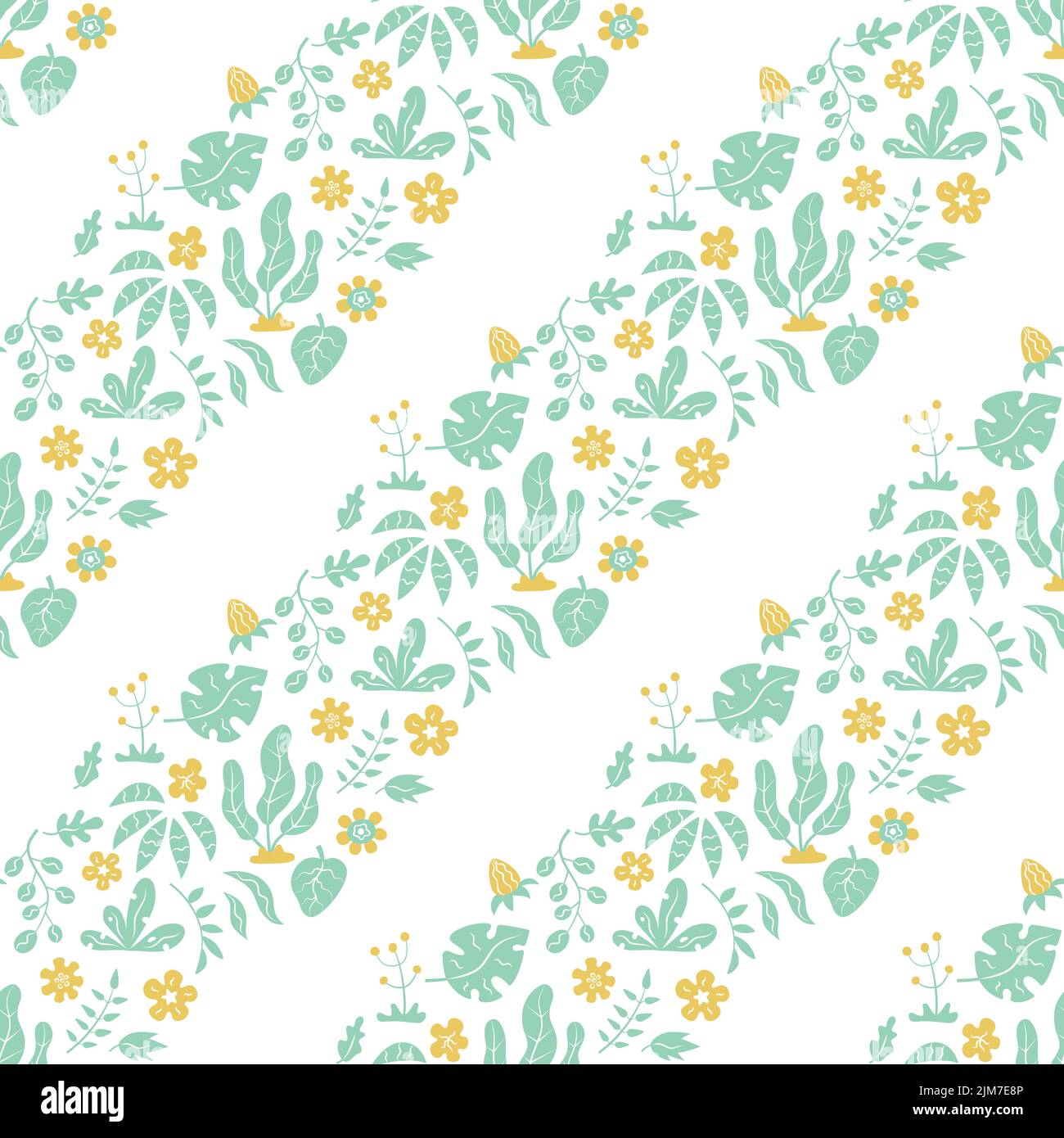Seamless pattern with tropical green leaves and yellow flowers on white ...