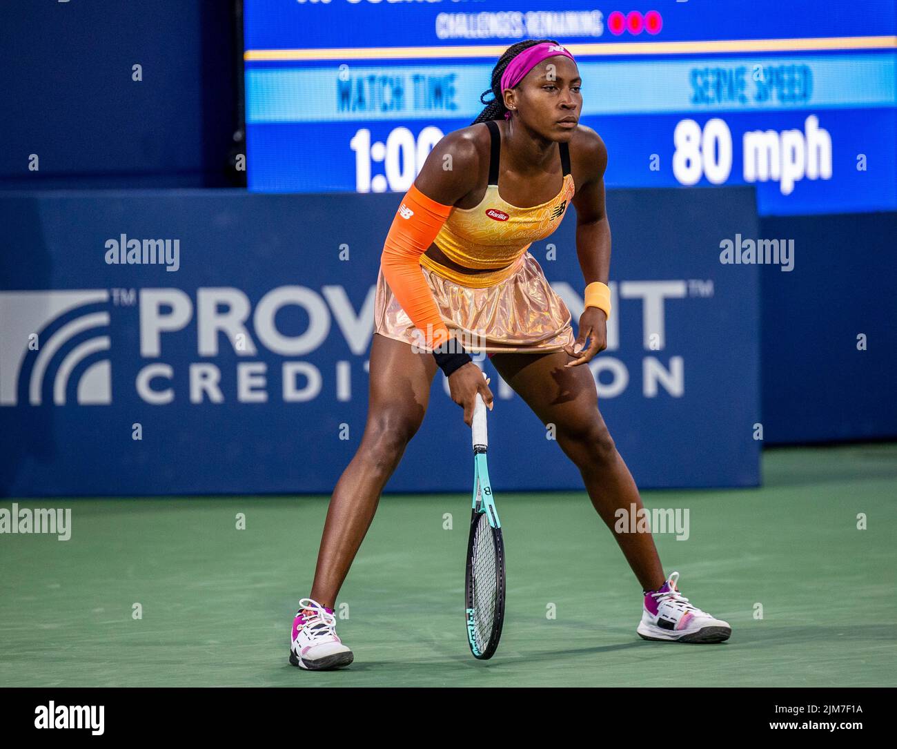 August 04, 2022 San Jose, CA USA Coco Gauff waits for the serve from Naomi Osaka during the