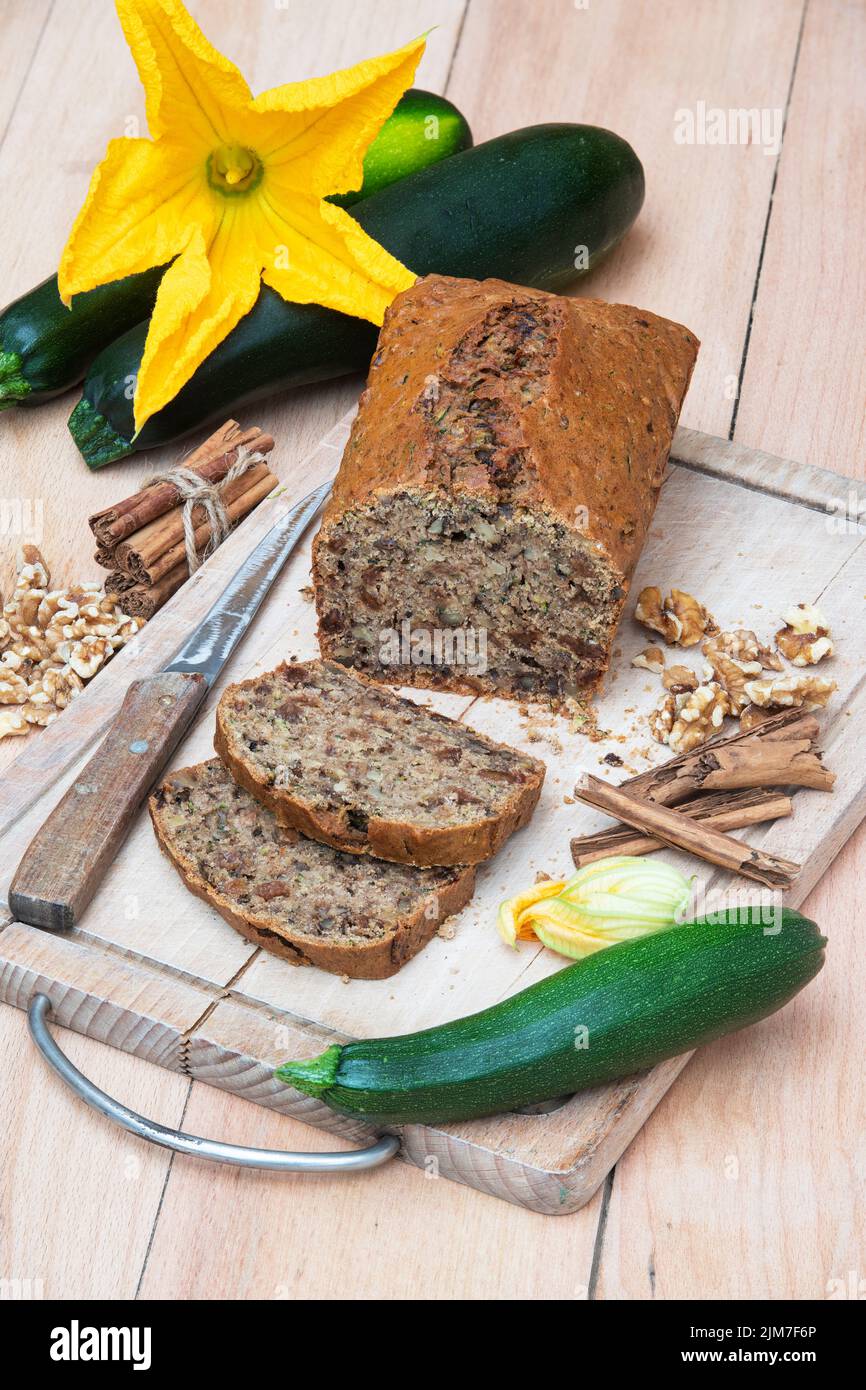 Homemade courgette loaf cake with walnuts, cinnamon and sultanas Stock Photo