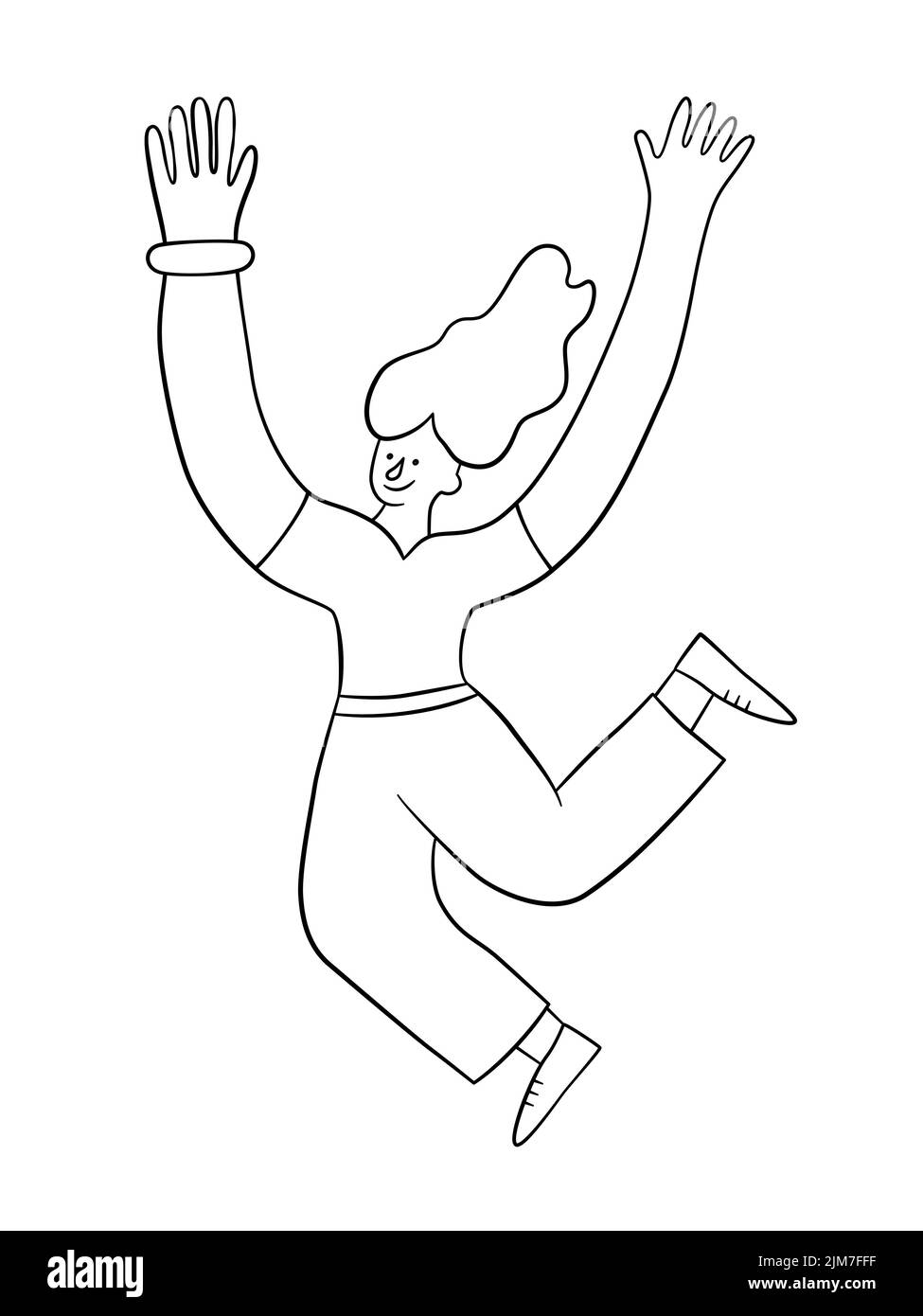 Cheerful positive girl jumping in the air with raised hands. Trendy ...