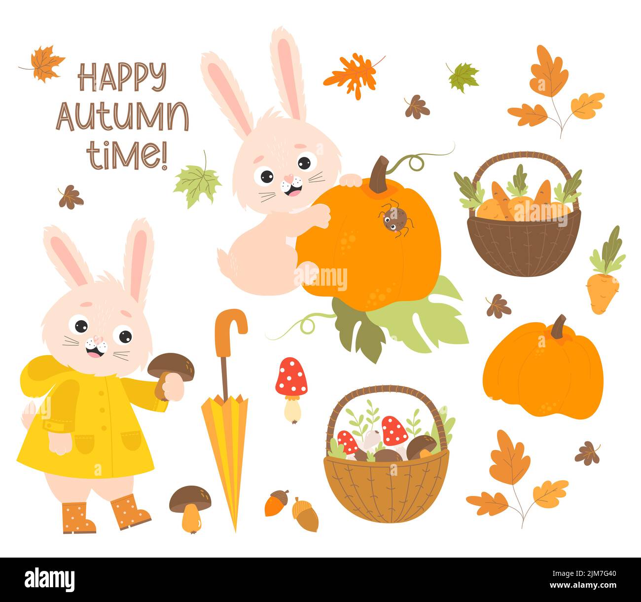 Set Happy autumn time. Cute rabbit in raincoat and rubber boots collects mushrooms and bunny with big pumpkin. Basket with mushrooms, carrots and fall Stock Vector