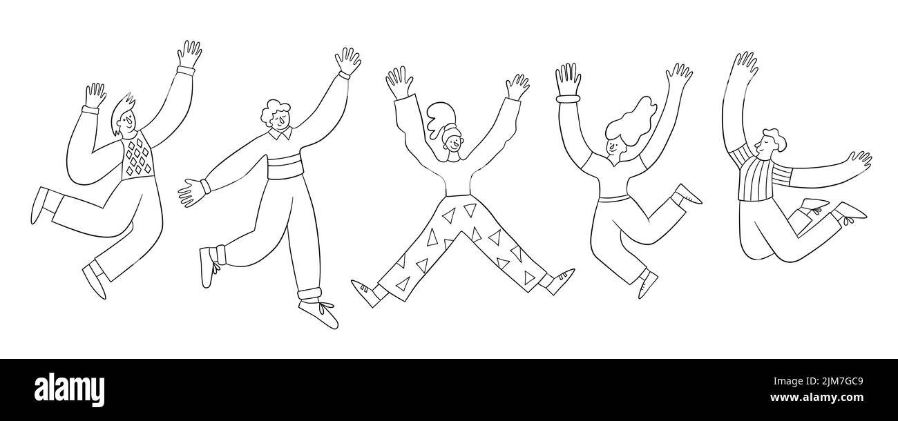 Happy positive men and women jumping in the air with raised hands. Trendy people. Vector illustration in doodle style on white background Stock Vector