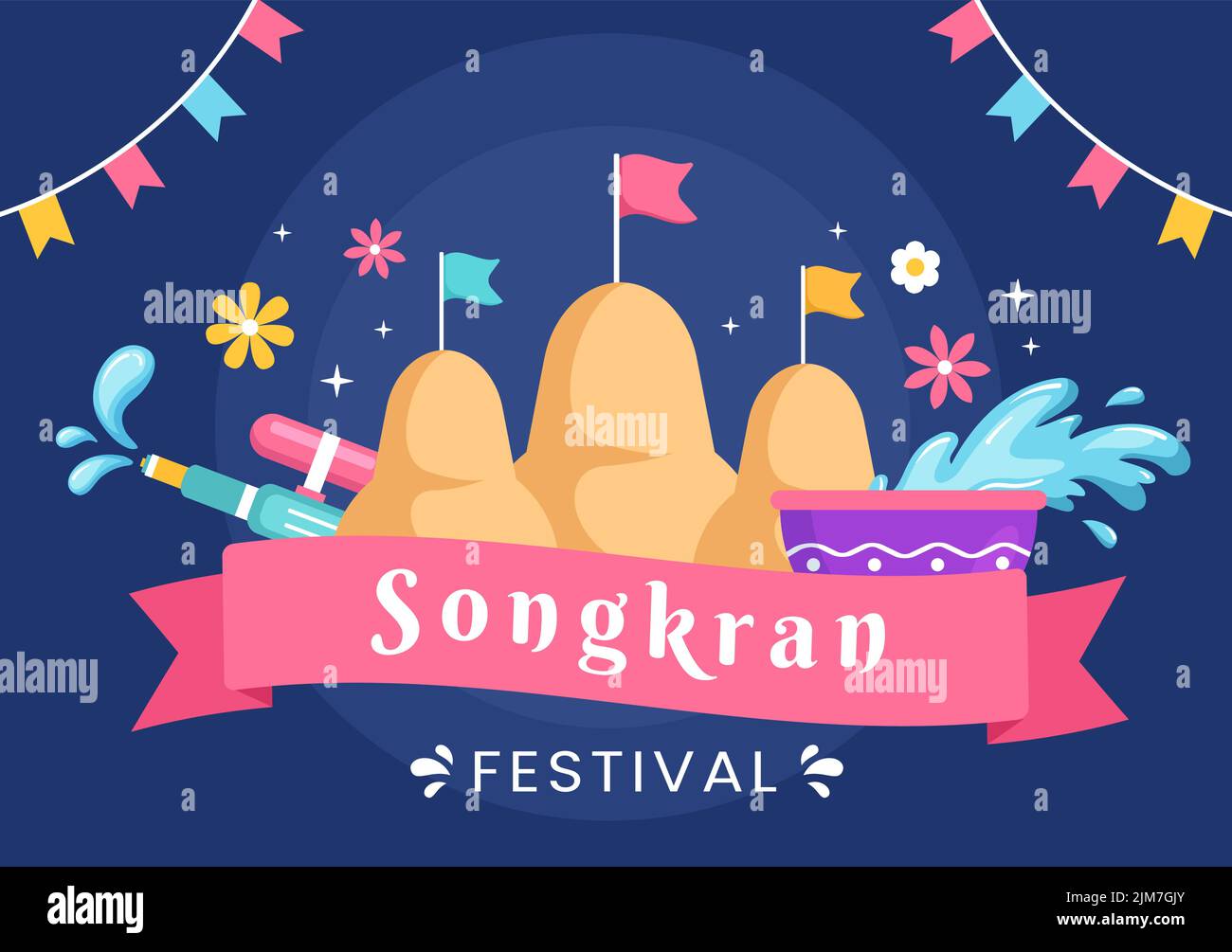 Happy Songkran Festival Day Hand Drawn Cartoon Illustration Playing Water Gun In Thailand