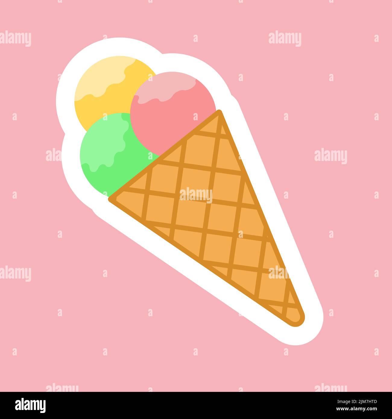 Three scoops of ice cream in a waffle cone sticker icon, flat design ...