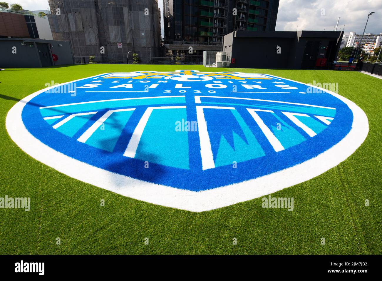 Huge emblem at Lion City Sailors training Centre in Singapore. A venue for soccer and gloom the next generation of footballers Stock Photo