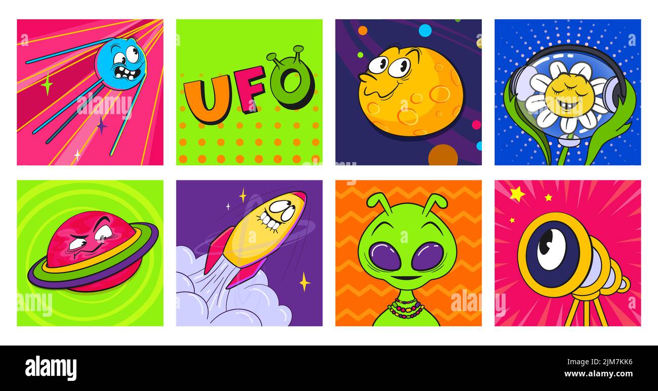 Retro stickers space theme UFO in a square. Planets, aliens, spaceship, hippie chamomile, satellite. Vector illustration in cartoon style Stock Vector