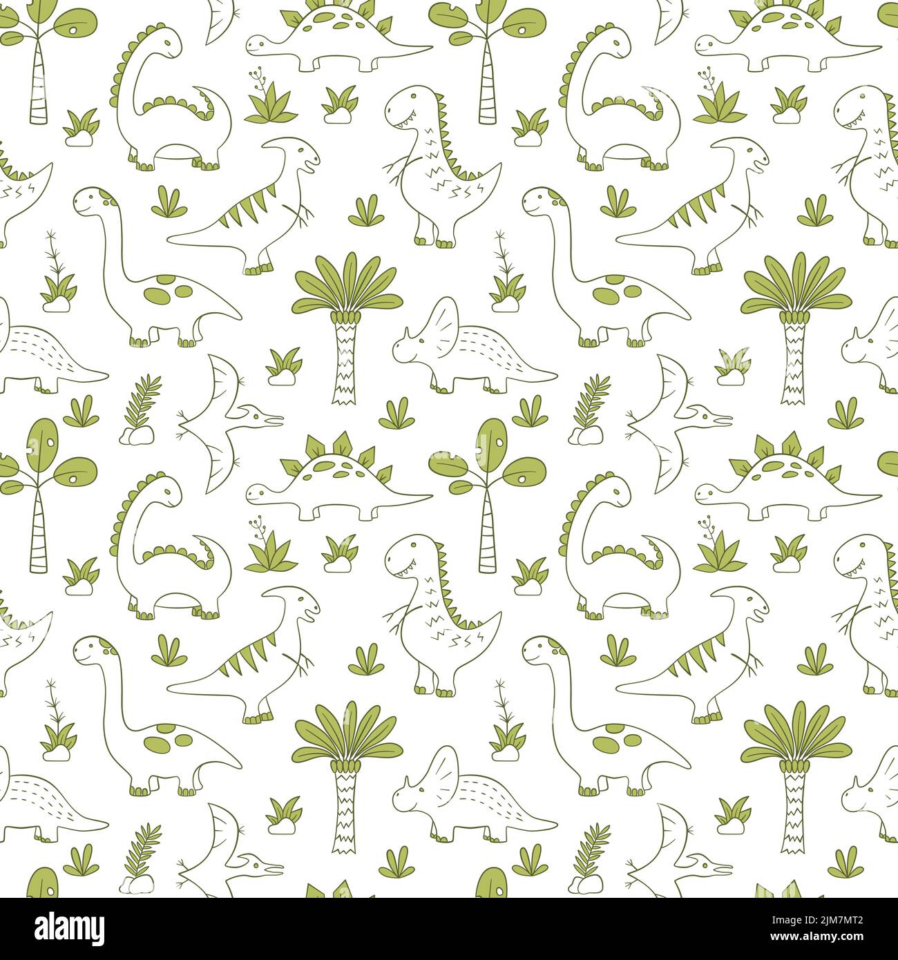 Cute Dinosaurs. Dino seamless pattern in doodle style. Hand drawn ...