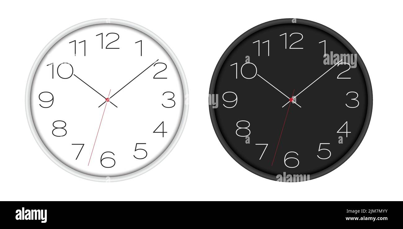 Set of realistic illustrations of wall clocks with dark and light dials. Black and white numbers with red center - vector Stock Vector