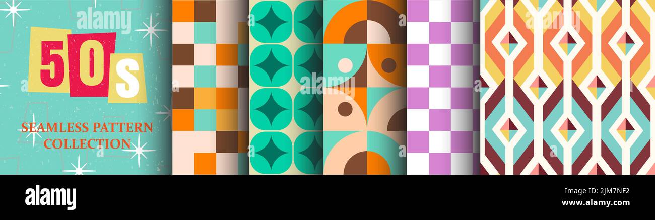 50's Collection of seamless patterns | Set of abstract vivid vector graphics in retro vintage style for apparel | Flyer. poster, banner elements Stock Vector
