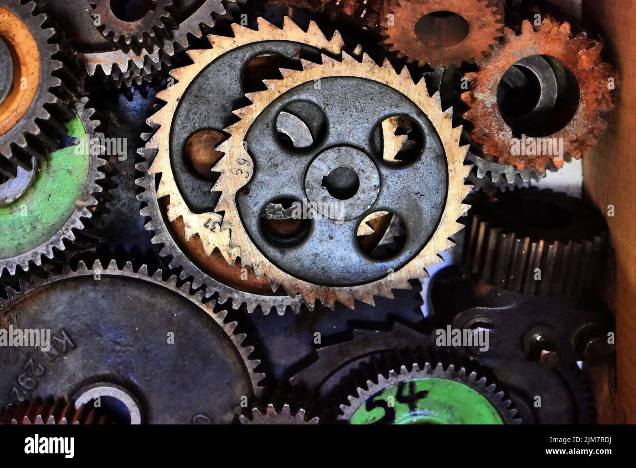 A closeup shot of the gears of a vintage mechanism Stock Photo